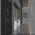 Modern Public Restroom Interior With Gray Walls White Sinks Gold Faucets And Mirrors