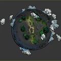 Cartoon Island Scenery with Blue Water Green Vegetation Black Portals House Clouds and Character
