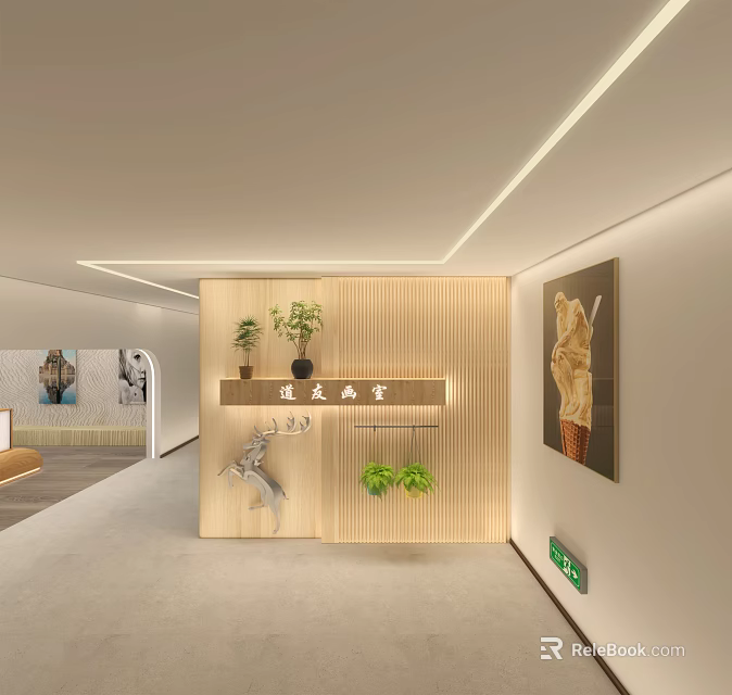 Modern Office Corridor Interior With Wooden Partition Wall Recessed Lighting Plants And Decorative Painting 3d model 