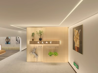 Modern Office Corridor Interior With Wooden Partition Wall Recessed Lighting Plants And Decorative Painting 3d model