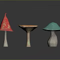 Colorful Glittery Mushroom Sculptures In Red Orange Blue On Black Background