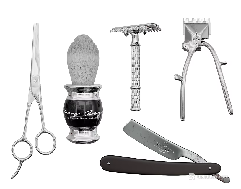 Essential Men's Grooming Tools Including Scissors Shaving Brush Safety Razor Clippers And Straight Razor 3d model 