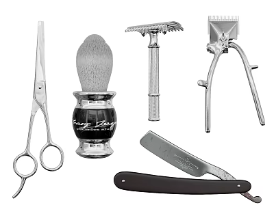Essential Men's Grooming Tools Including Scissors Shaving Brush Safety Razor Clippers And Straight Razor 3d model