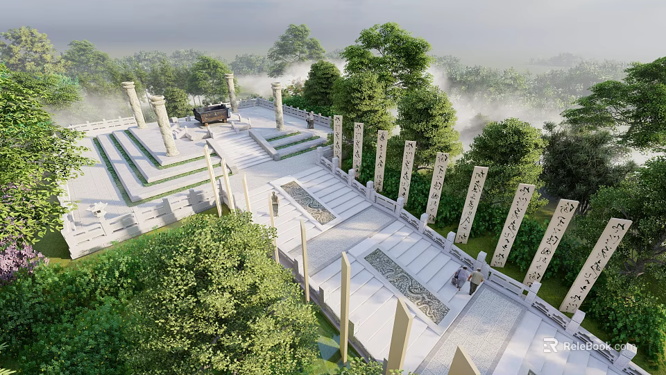 Park Landscape with Stone Steps Pillars Steles with Characters Trees Mist and People Walking 3d model 