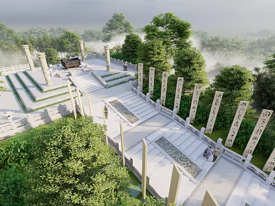 Park Landscape with Stone Steps Pillars Steles with Characters Trees Mist and People Walking 3d model