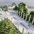 Park Landscape with Stone Steps Pillars Steles with Characters Trees Mist and People Walking