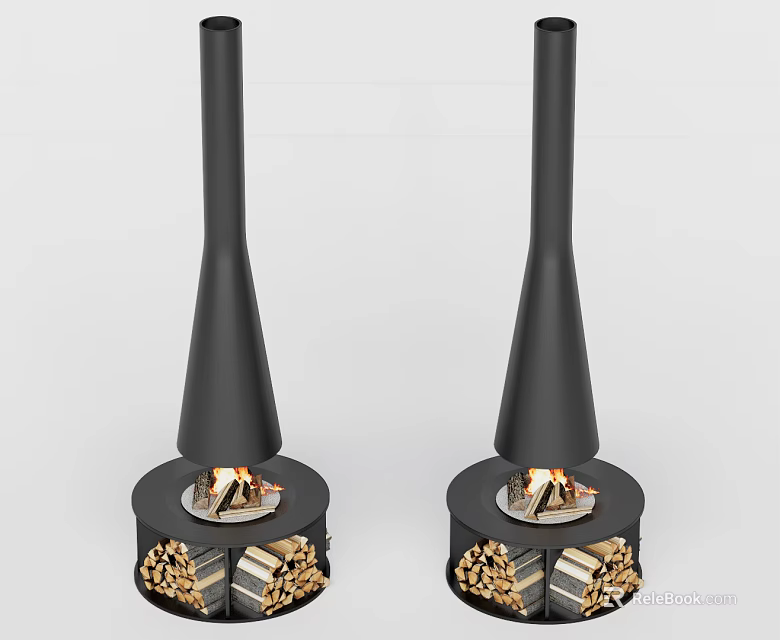 Modern Black Freestanding Fireplace with Burning Flames and Stacked Firewood in Contemporary Interior 3d model 