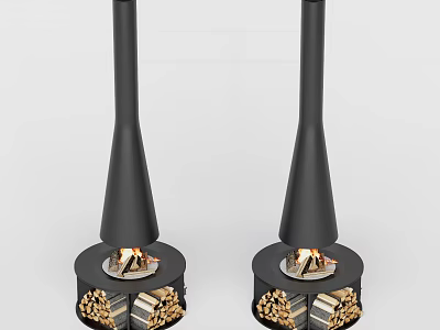 Modern Black Freestanding Fireplace with Burning Flames and Stacked Firewood in Contemporary Interior 3d model