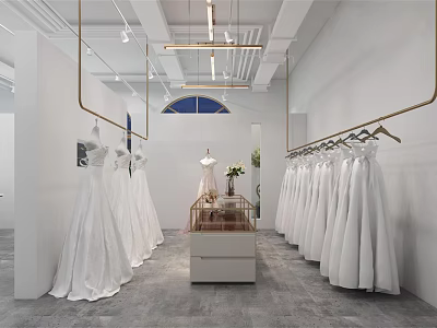 Bridal Shop Interior With White Wedding Dresses Hanging On Racks And Glass Display Cabinet 3d model