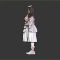 Cute Little Girl Wearing Pink Top And White Dress Holding Teddy Bear Against Gray Background