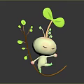 White Closed Eye Cartoon Character Dancing With Green Seedling Plant And Leaves