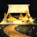 Scroll Shaped Stage on Water at Night with Mountain Decorations and Illuminated Path