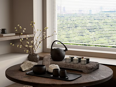 Traditional Tea Set On Wooden Table With Black Teapot Small Cups White Flowers By Window 3d model