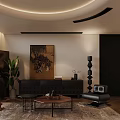 Modern Living Room Interior With Circular Ceiling Design Shutter Windows Black Sofa And Green Plant