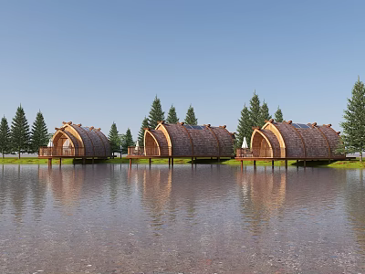 Boutique Guesthouse Buildings With Wooden Curved Roofs On Water And Tree Reflections 3d model