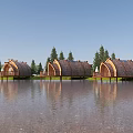 Boutique Guesthouse Buildings With Wooden Curved Roofs On Water And Tree Reflections