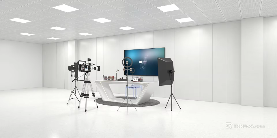 White Studio Setup With Curved Table Large Screen Camera And Lighting Equipment 3d model 