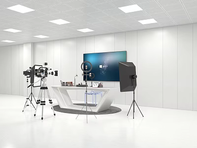 White Studio Setup With Curved Table Large Screen Camera And Lighting Equipment 3d model