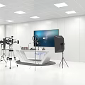 White Studio Setup With Curved Table Large Screen Camera And Lighting Equipment 3d model
