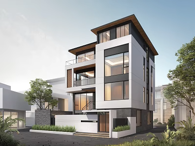 Modern Detached Villa Exterior Design With Large Windows And Surrounding Greenery 3d model