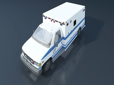 White Ambulance With Blue Stripes And Emergency Lights On Gray Background 3d model