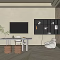 Modern Study Room Interior Design With TV Bookshelf Table Chair Stools And Plants