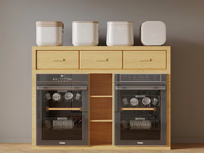 Wooden Cabinet Featuring White Jars On Top And Glass Doors With Dishes Inside 3d model