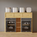 Wooden Cabinet Featuring White Jars On Top And Glass Doors With Dishes Inside