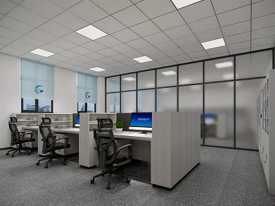 Modern Public Office Interior Design With Cubicles Computers Office Chairs And Glass Partitions 3d model