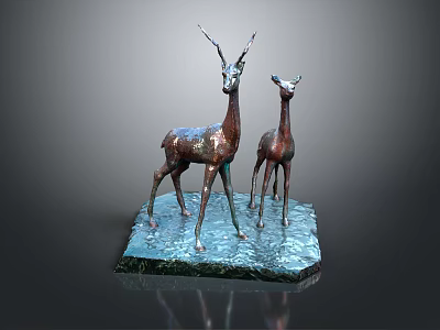 Two Deer Metal Sculpture Carving Artwork With Blue Base Stand 3d model