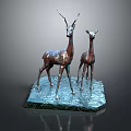 Two Deer Metal Sculpture Carving Artwork With Blue Base Stand