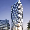 Modern Tall Office Building With Glass Curtain Wall And Spiral Exterior Design