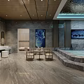 Luxurious SPA Sauna Interior Design With Marble Walls Wooden Ceiling And Relaxation Seating