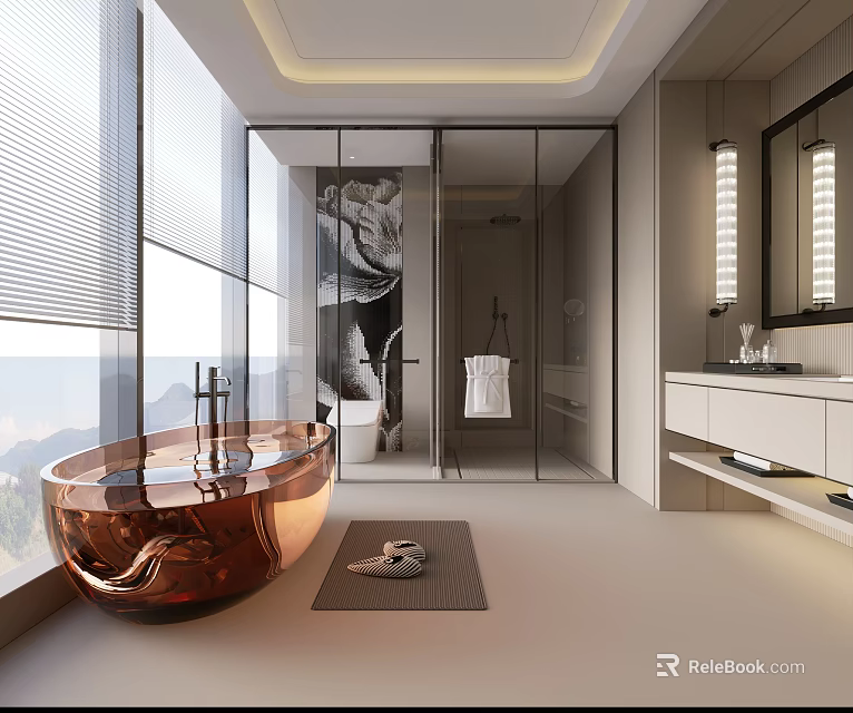 Modern Bathroom Interior With Copper Bathtub Glass Shower Large Windows And White Vanity 3d model 