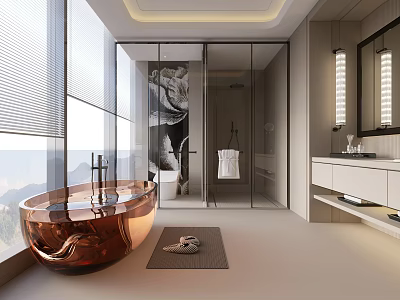 Modern Bathroom Interior With Copper Bathtub Glass Shower Large Windows And White Vanity 3d model