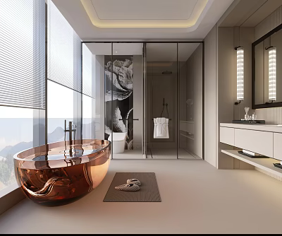 Modern Bathroom Interior With Copper Bathtub Glass Shower Large Windows And White Vanity 3d model