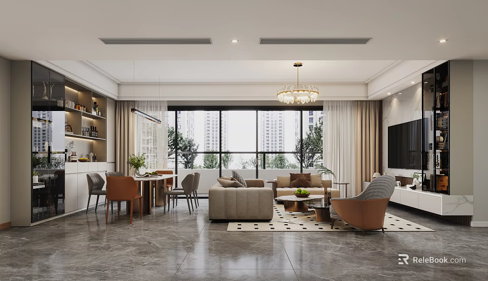 Modern Living Dining Room Interior Design With Sofa Dining Table And Chandelier 3d model 