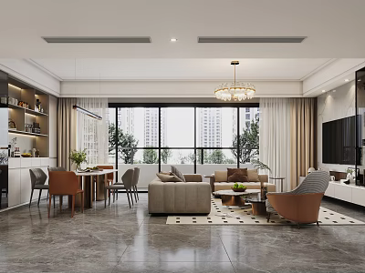 Modern Living Dining Room Interior Design With Sofa Dining Table And Chandelier 3d model