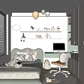Bright Kids Room Interior With Bed Desk Chair Toy Shelf And Balloon Decorations