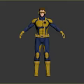3D Superhero Model In Blue And Yellow Costume With Chest Emblem Standing Pose