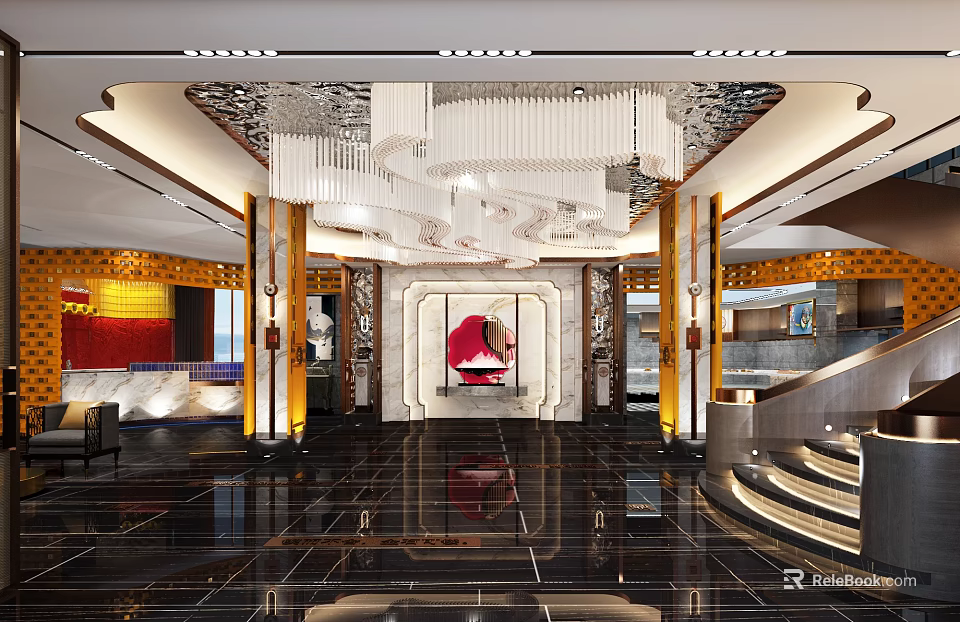 Luxurious Hotel Lobby Interior With Crystal Chandelier And Marble Decorative Elements 3d model 