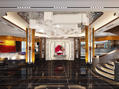 Luxurious Hotel Lobby Interior With Crystal Chandelier And Marble Decorative Elements 3d model