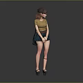 Woman in Yellow Top and Green Skirt with Tattoo Standing Against Gray Background