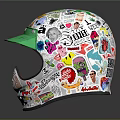 Colorful Sticker Decorated Helmet With Green Accent And Red Visor