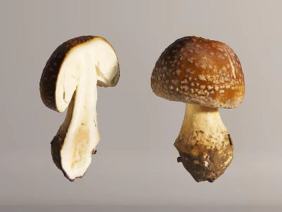 Fresh Mushrooms With Whole And Sliced Views Brown Cap White Spots And White Stem 3d model