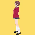 Young Woman In Red Cardigan With Ponytail Hairstyle Against Yellow Background