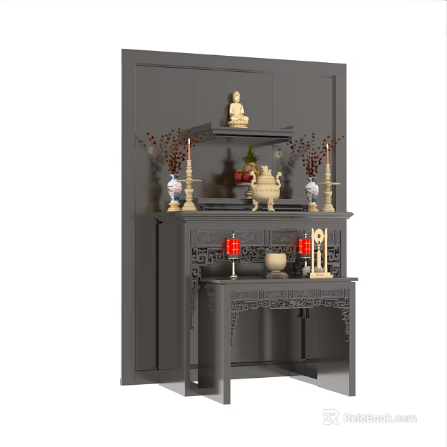 Traditional Chinese Altar With Carved Wooden Design Buddha Statue Vases Candlesticks And Red Decorations 3d model 