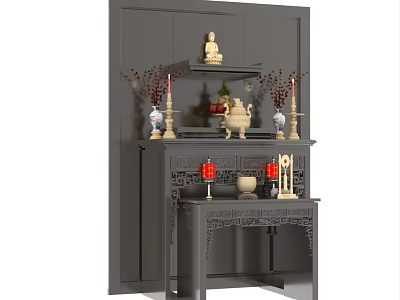 Traditional Chinese Altar With Carved Wooden Design Buddha Statue Vases Candlesticks And Red Decorations 3d model