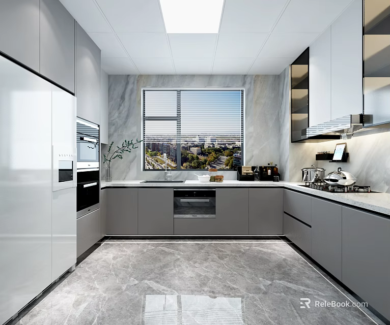 Modern Kitchen Interior With Gray Cabinets Marble Countertop And Window View 3d model