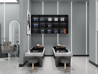 Modern Elegant Beauty Salon Interior With Two Styling Stations Black Shelves And Hair Products 3d model